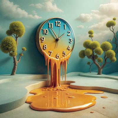 The primary subject of the image is a large clock that is dripping with a yellow substance, possibly honey or syrup. The clock is located in a room with a blue wall, and it appears to be the main focus of the scene. The setting includes a few trees in the background, adding a natural touch to the environment. The visual style of the image is a combination of photo and digital art, creating a unique and eye-catching scene. The dominant colors in the image are yellow and blue, giving the scene a warm